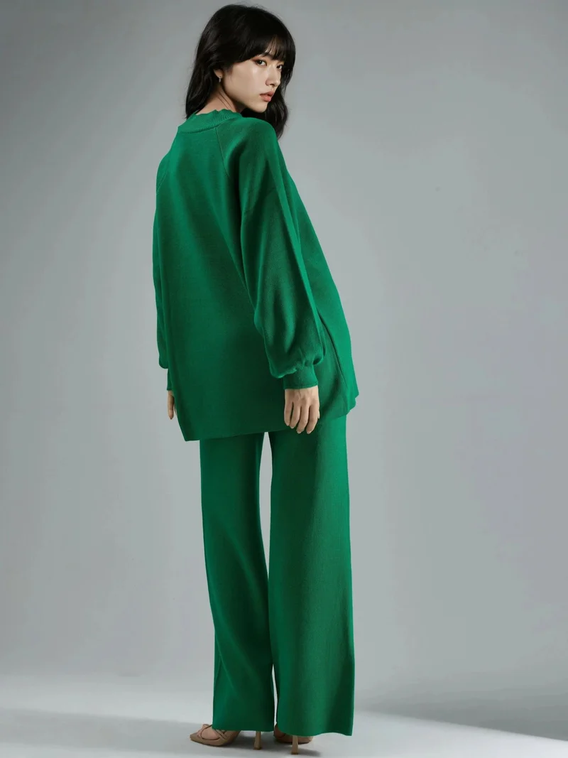 MY FASHION Pine Green MY FASHION Loose Fit Sweater & Pants Knit Co-ord Set for Women | Best Price UAE